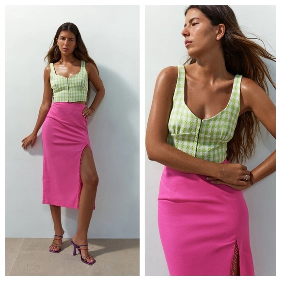 ZARA Beaded Linen Blend Pink Midi Skirt XS - Picture 1 of 6